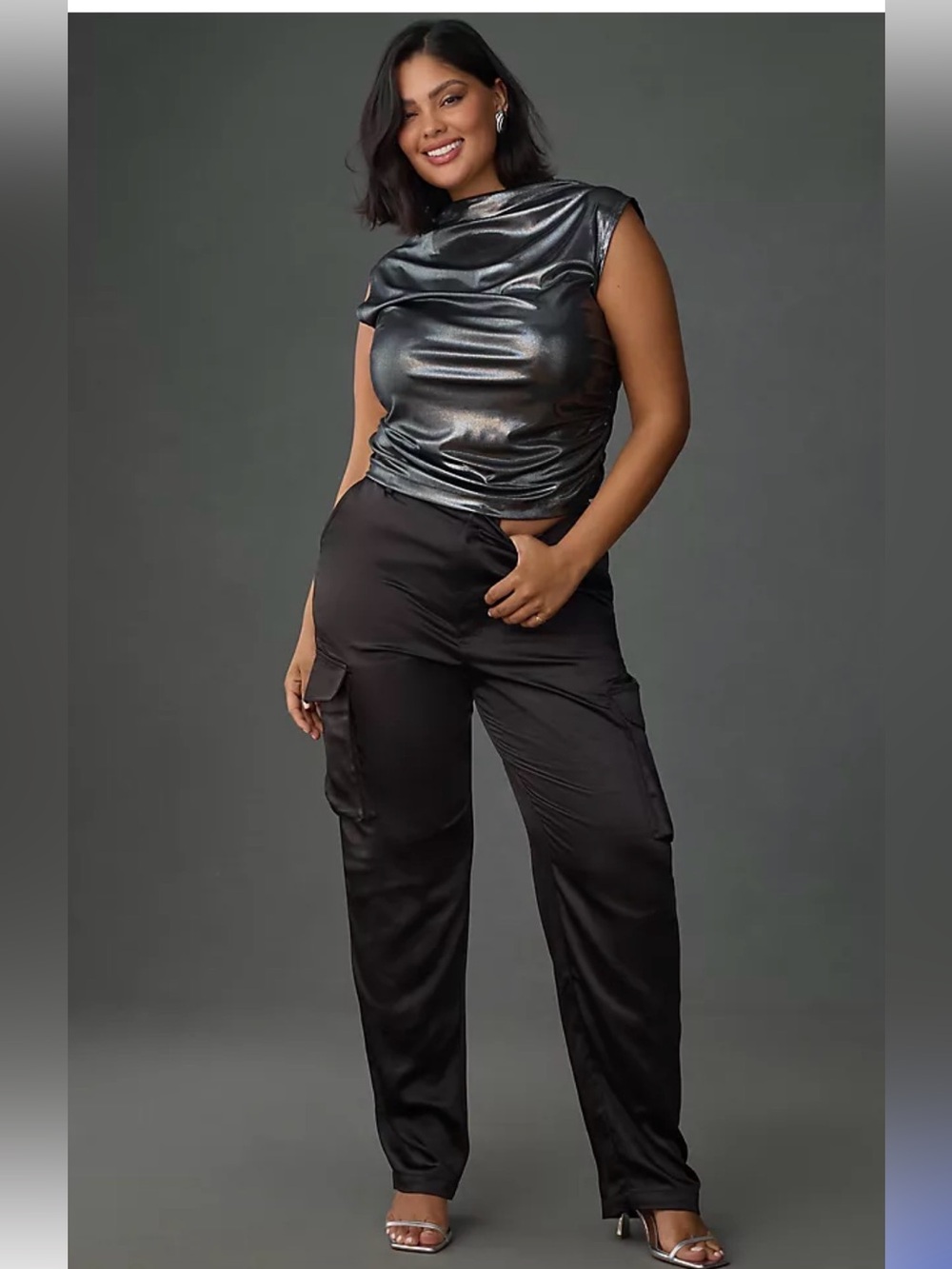 Anthropologie Black Satin Cargo Jogger Pants Womens Size 12 wide leg  Pocket